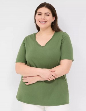 Lane Bryant Perfect Sleeve V-Neck Tee Women T Shirts Brown Green | GFK6957UM