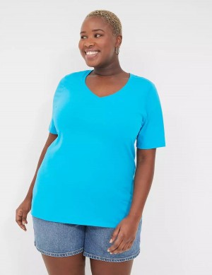 Lane Bryant Perfect Sleeve V-Neck Tee Women T Shirts Blue | CWV676UM