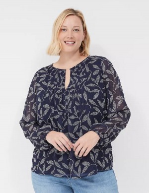 Lane Bryant Pin-Tuck Crew-Neck Women Blouse Navy | OBM120KP