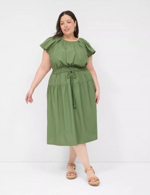 Lane Bryant Pleated Crew-Neck Women Midi Dress Brown Green | DAE7255UV