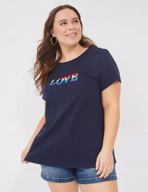 Lane Bryant Pride Embroidered Rainbow Love Graphic Tee Women T Shirts Blue | PGU8752JZ