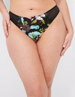 Lane Bryant Printed Lace-Trim Women Thong Panty Black | HVH7138QR