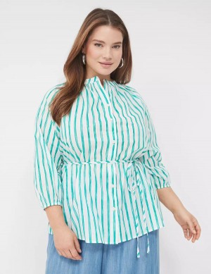 Lane Bryant Relaxed 3/4-Sleeve Button-Front Tunic Women Shirts Green Stripes | ZLT8268HT