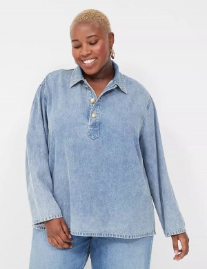 Lane Bryant Relaxed Collared Denim Popover Women Shirts Light Blue | PVD1615VM