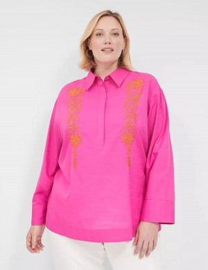 Lane Bryant Relaxed Collared Embroidered Tunic Women Shirts Fuchsia | FUY449PL