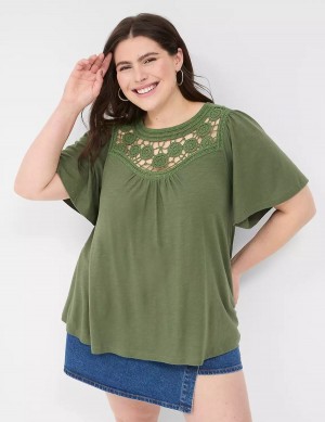 Lane Bryant Relaxed Crochet Crew-Neck Top Women T Shirts Brown Green | PEC8920JC