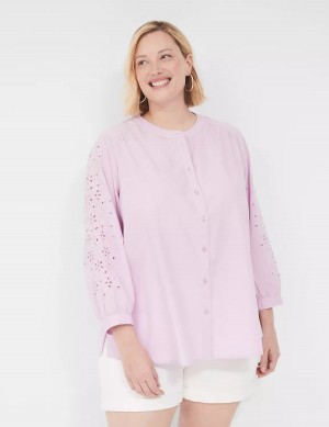 Lane Bryant Relaxed Eyelet-Sleeve Button-Front Women Blouse Purple | RPE3465WZ