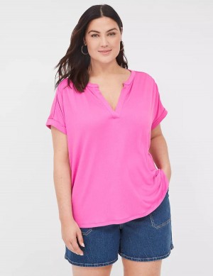 Lane Bryant Relaxed Gauze Notch-Neck Women Shirts Pink | YBB378BK