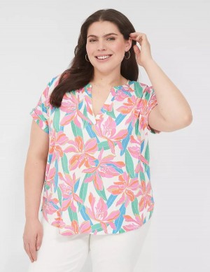 Lane Bryant Relaxed Gauze Notch-Neck Women Shirts Pink Blue | AEM8594OP