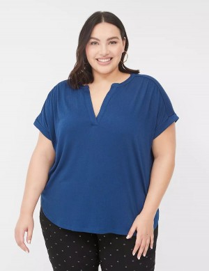 Lane Bryant Relaxed Gauze Notch-Neck Women Shirts Dark Blue | NXQ4944RU