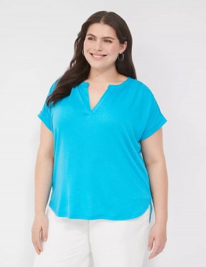 Lane Bryant Relaxed Gauze Notch-Neck Women Shirts Blue | KIQ7795VW