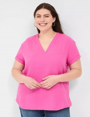 Lane Bryant Relaxed Gauze V-Neck Popover Women Shirts Fuchsia | TDC354ZE