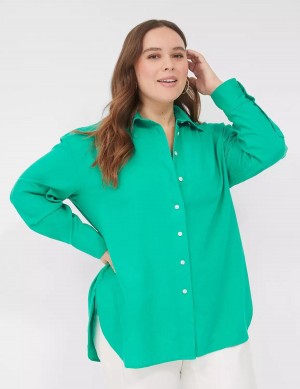 Lane Bryant Relaxed Linen Button-Down Women Shirts Turquoise | KKD3834UZ