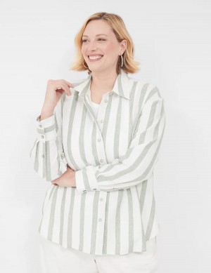 Lane Bryant Relaxed Linen Button-Down Women Shirts Olive Stripes | ZYR6051MD