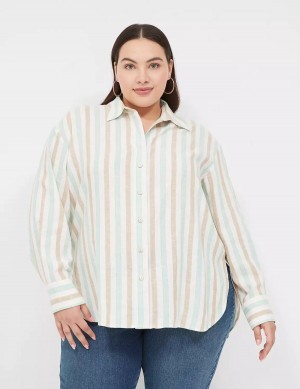 Lane Bryant Relaxed Linen Button-Down Women Shirts White Multicolor Stripes | NYW6066OG