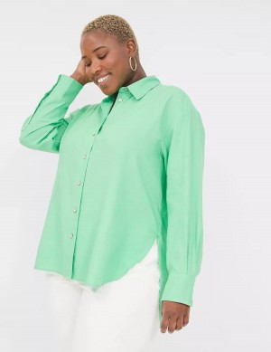 Lane Bryant Relaxed Linen Button-Down Women Shirts Light Green | MOT10052LP