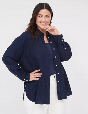 Lane Bryant Relaxed Linen Button-Down Women Shirts Blue | EOP4634QR