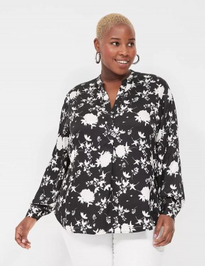 Lane Bryant Relaxed Satin Split-Neck Popover Women Shirts Black | GCU7933KA