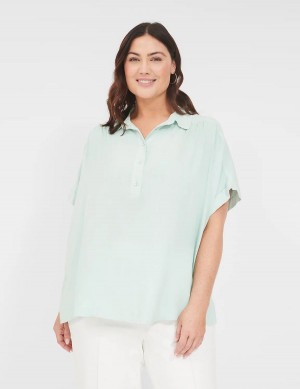 Lane Bryant Relaxed Short-Sleeve Button-Front Women Shirts Blue | SAN785DH