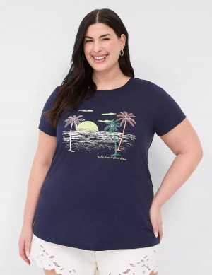 Lane Bryant Rhinestone Palm Trees & Ocean Breeze Graphic Tee Women T Shirts Blue | XKW5650ST