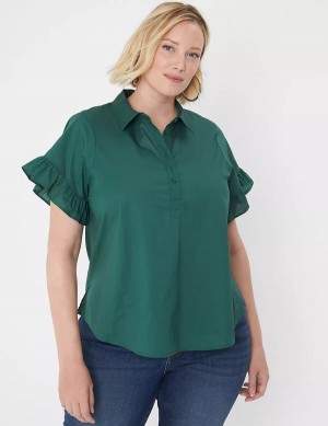 Lane Bryant Ruffle-Sleeve Button-Down Top Women T Shirts Green | AXJ4260YY