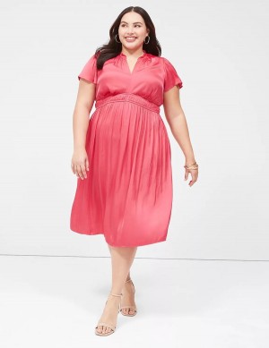 Lane Bryant Satin Flutter-Sleeve Ruffle V-Neck Women Midi Dress Pink | QNT849NP