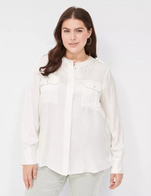 Lane Bryant Satin Long-Sleeve Button-Front Women Blouse White Rose | UWQ7538TH