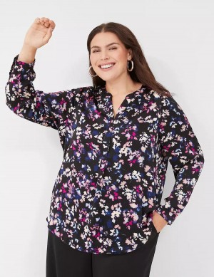 Lane Bryant Satin Ruched-Shoulder Women Blouse Black Multicolor | WVH981YE