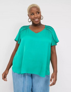 Lane Bryant Satin Smocked-Shoulder Women Blouse Light Turquoise | IJI3533KK