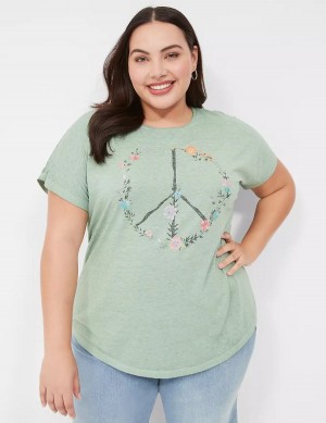 Lane Bryant Scoop-Neck Peace Flowers Graphic Tee Women T Shirts Light Green | VBR1139UL