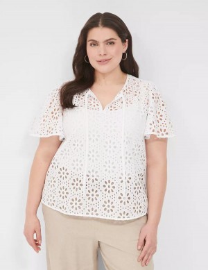 Lane Bryant Sheer Flutter-Sleeve Eyelet Top Women T Shirts White | DLM3453SL