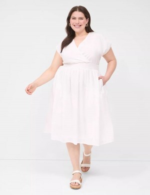 Lane Bryant Shirred-Shoulder Smocked-Waist Women Midi Dress White | NVR1999CA