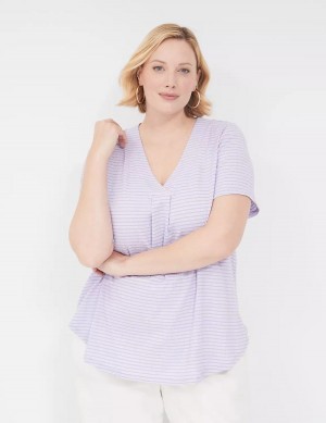 Lane Bryant Short-Sleeve V-Neck Top Women T Shirts Purple Stripes | YAS2628NN