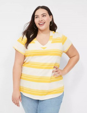 Lane Bryant Short Sleeve V-Neck Top Women T Shirts Yellow Stripes | ITS8679UQ