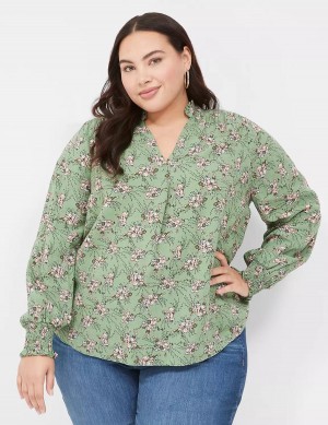 Lane Bryant Smocked Shoulder & Cuff Popover Women Blouse Green | MTZ984WS