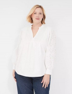 Lane Bryant Split-Neck Eyelet & Knit Women Blouse White | WUW558MP