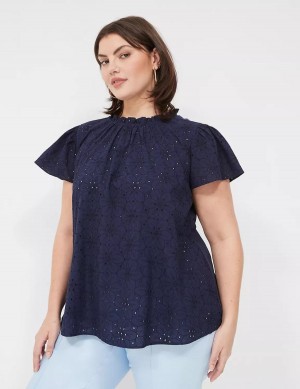 Lane Bryant Subtle Swing Cap Ruffle-Sleeve Eyelet & Knit Top Women T Shirts Blue | RBV8398DE