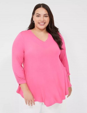 Lane Bryant Swing 3/4 Ruched-Sleeve Top Women T Shirts Fuchsia | SZR5824TM