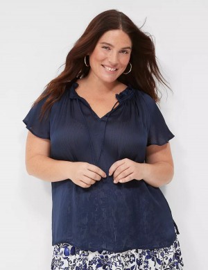 Lane Bryant Swing Cap-Sleeve Tie-Front Women Blouse Blue | QOD5481PB