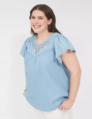 Lane Bryant Swing Eyelet-Trim Popover Women Blouse Blue | TEG7610EI