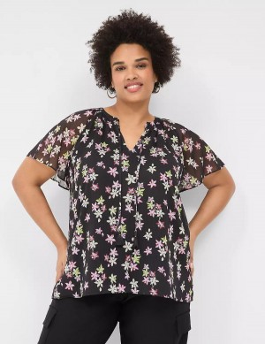 Lane Bryant Swing Flutter-Sleeve Popover Women Blouse Black Multicolor | JMO98100IN