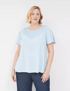 Lane Bryant Swing Flutter-Sleeve Smocked-Yoke Top Women T Shirts Blue | RFY54100MA