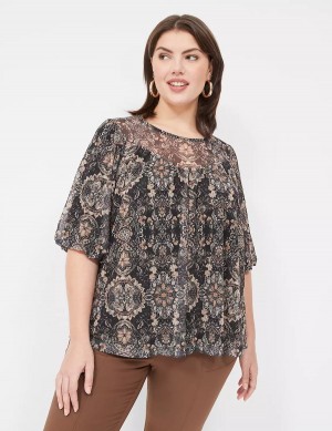 Lane Bryant Swing Perfect Puff-Sleeve Mesh Top Women Blouse Black | QZR5815OJ