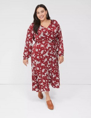 Lane Bryant Textured Satin Long-Sleeve Wrap-Skirt Women Midi Dress Red | UUA7793OY