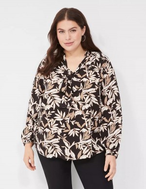 Lane Bryant Tie-Neck Popover Women Blouse Cream Brown Black | MWS7781IO