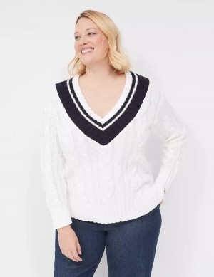 Lane Bryant V-Neck Cable Pullover Women Sweaters White | RGJ1882KN