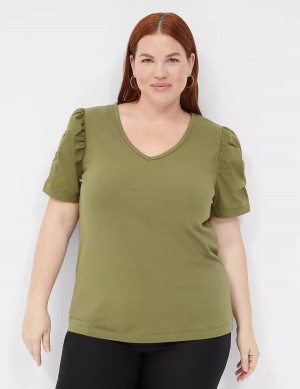 Lane Bryant Woven Puff-Sleeve V-Neck Knit Tee Women T Shirts Green | KHP6117YJ