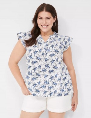 Lane Bryant Woven & Knit Cap Flutter-Sleeve Top Women Blouse Blue White | FEY8365SC