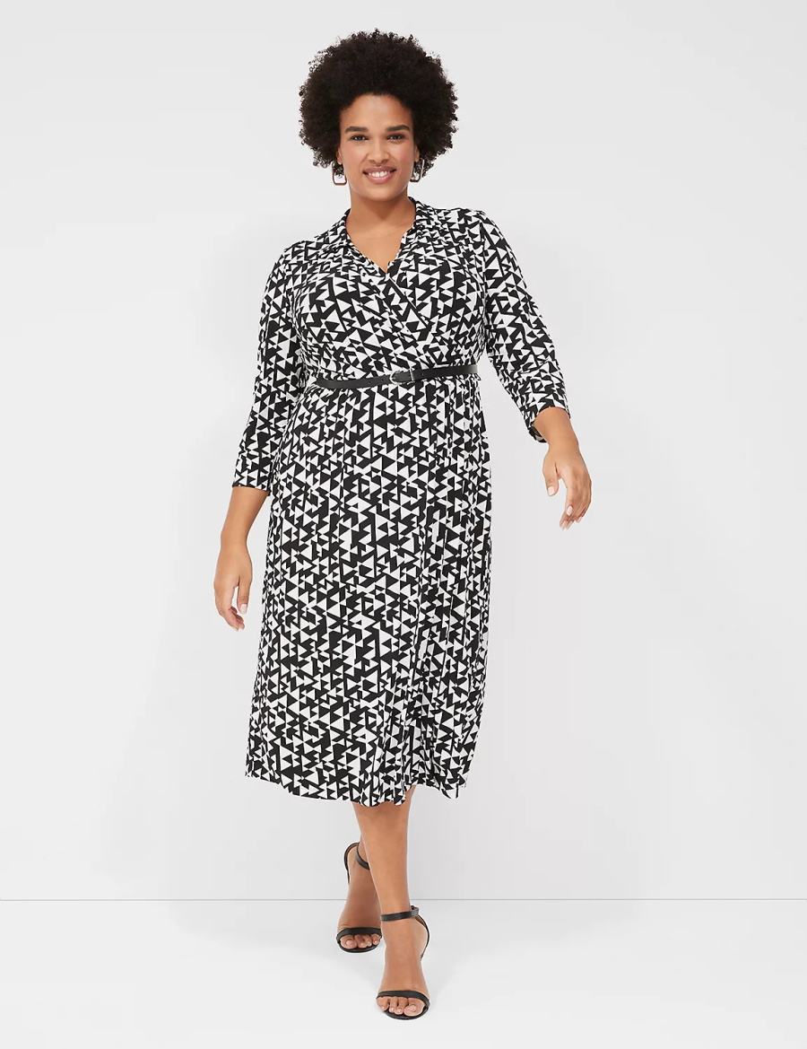 Lane Bryant 3/4-Sleeve Collar Faux-Wrap Jersey Women Midi Dress Black | KAX1524DD