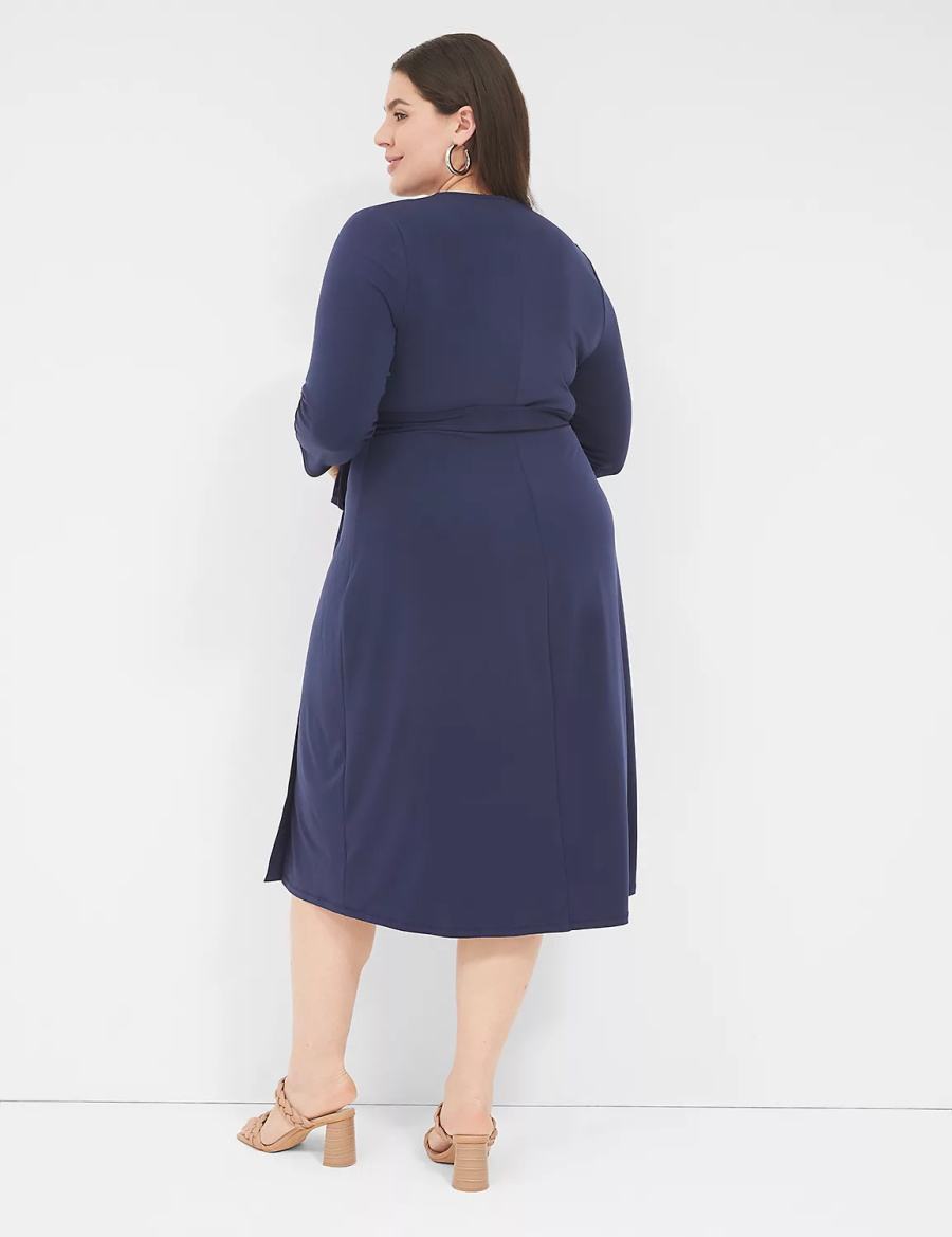 Lane Bryant 3/4-Sleeve Faux-Wrap Jersey Women Midi Dress Blue | RWO982HG